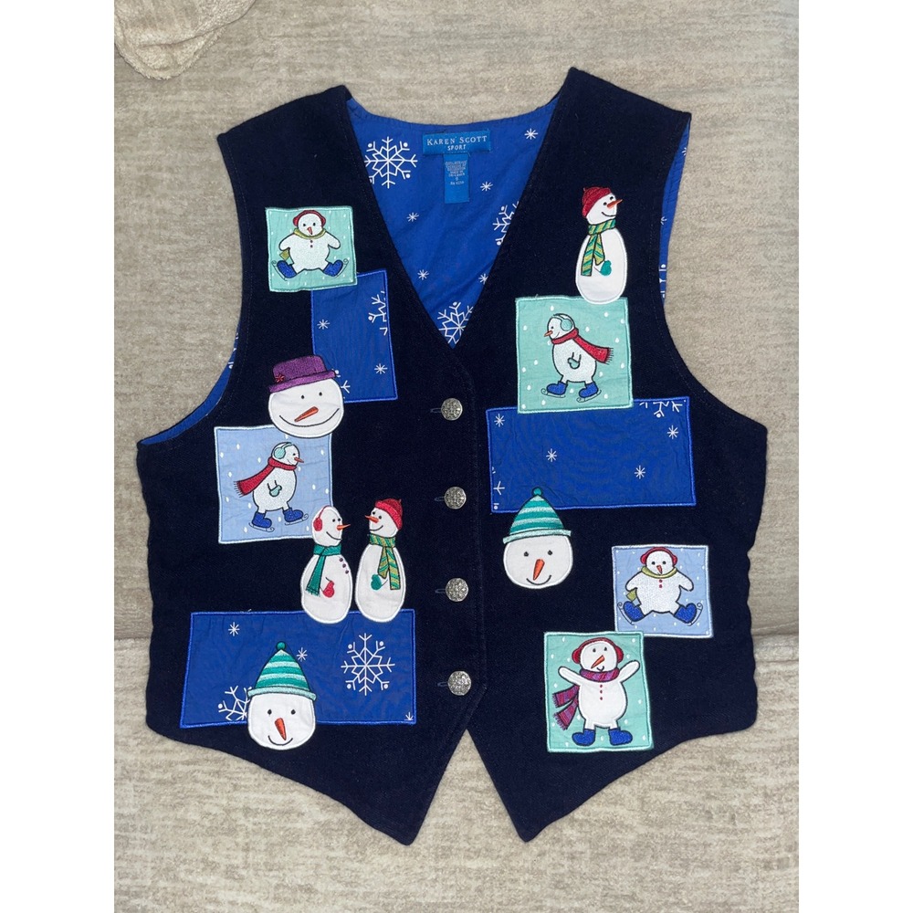 Karen Scott Sport Snowman Christmas Sweater Vest Navy Patchwork Womens Small